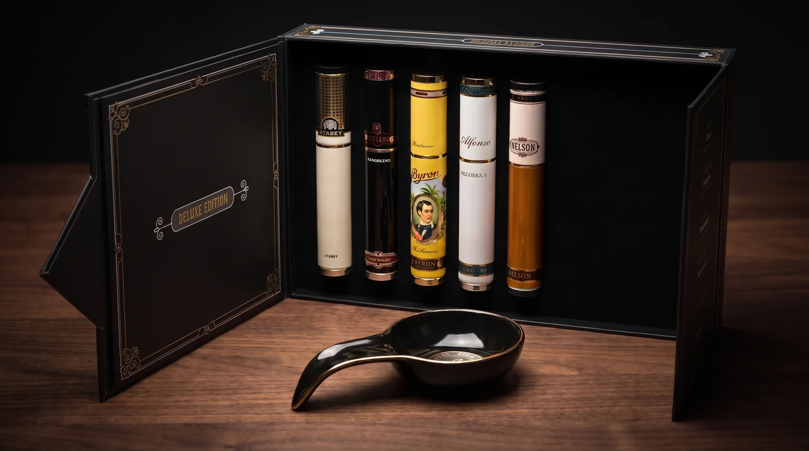 Selected Tobacco Deluxe Edition collection set, five ornate cigars in individual gold-and-navy tubes fanned behind a gold-rimmed porcelain ashtray