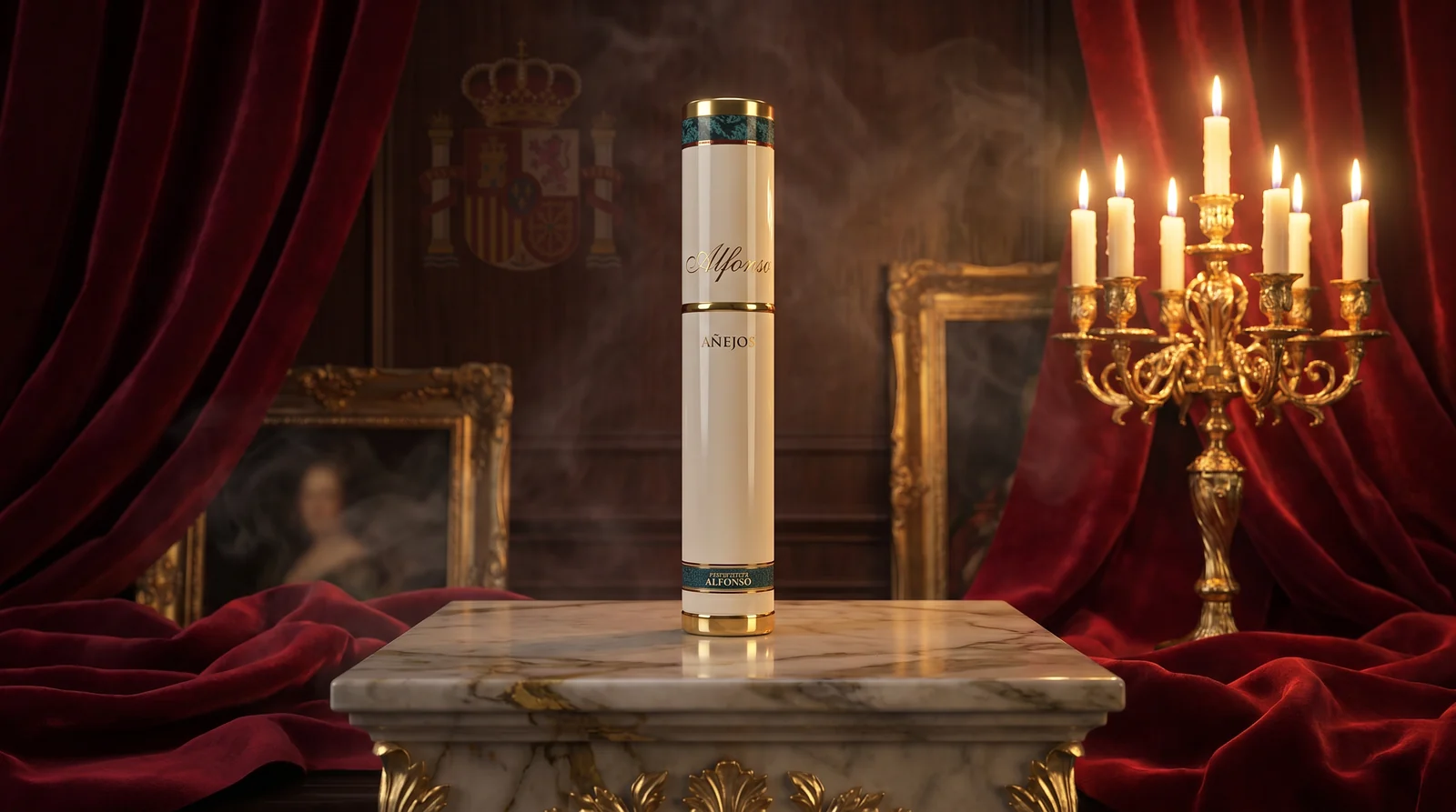 Alfonso Anejo No. 3 ivory tube on a marble-and-gilt pedestal with red velvet and a gold candelabra