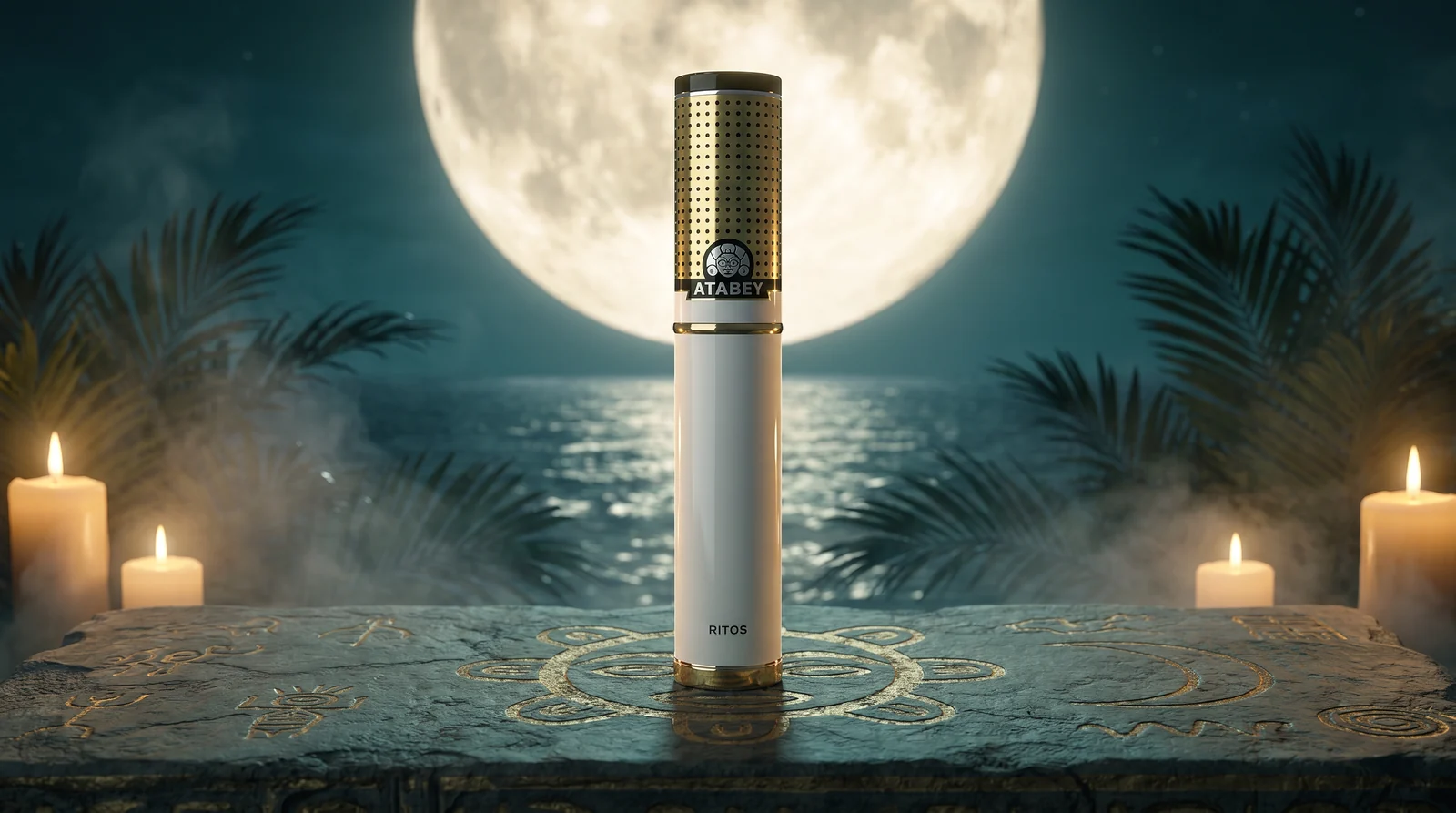 Atabey Ritos tube on a carved Taino stone altar under a full moon over a moonlit Caribbean sea