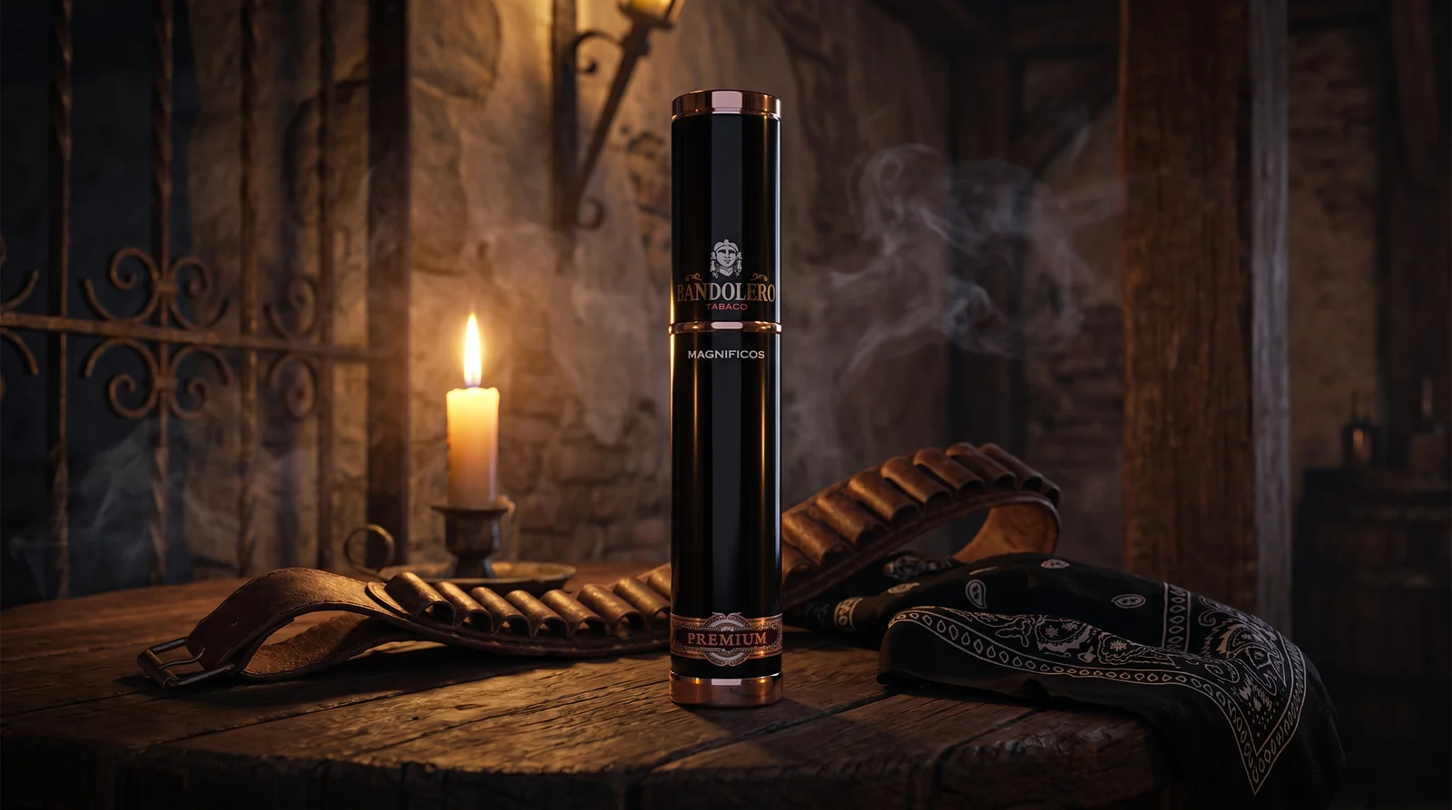 Bandolero Premium Magnificos black tube with a leather bandolier, bandana and candle in a dim Andalusian setting