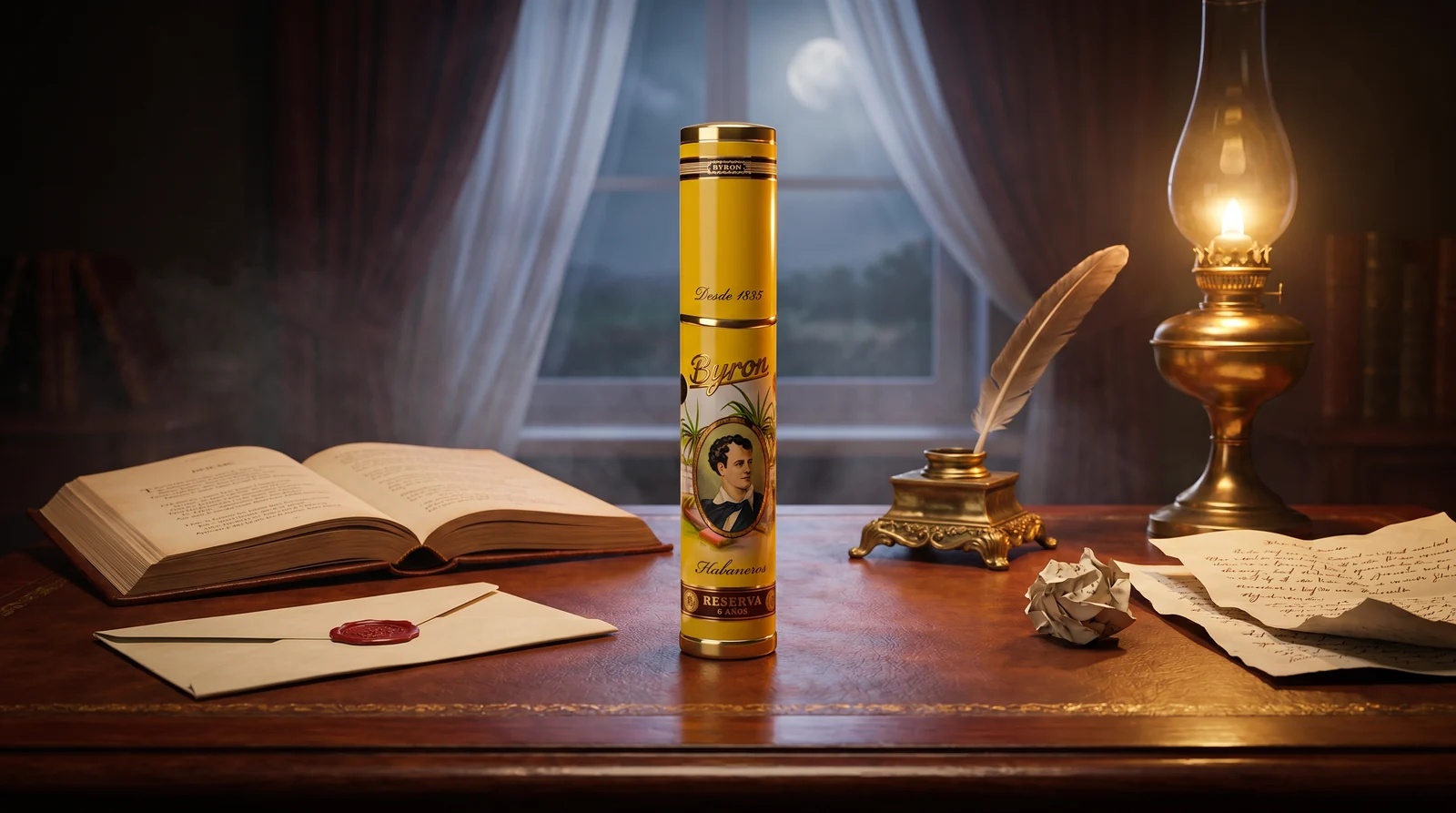 Byron Habaneros yellow tube on a Romantic-era writing desk with book, quill and oil lamp