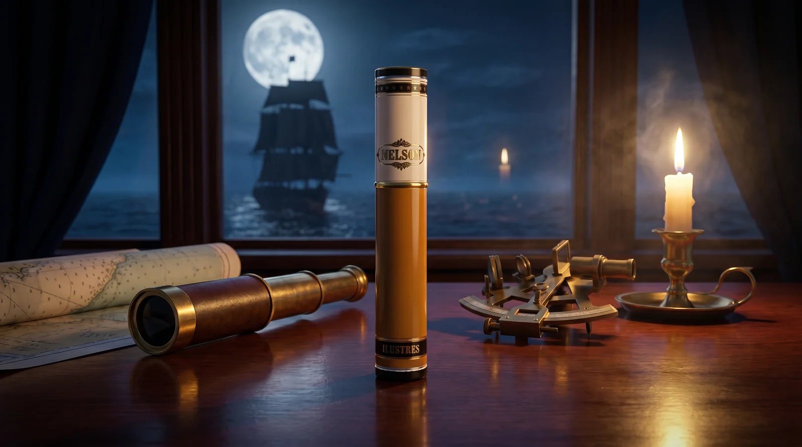 Nelson Illustre amber tube on a captain's desk with a brass telescope, sextant and nautical chart