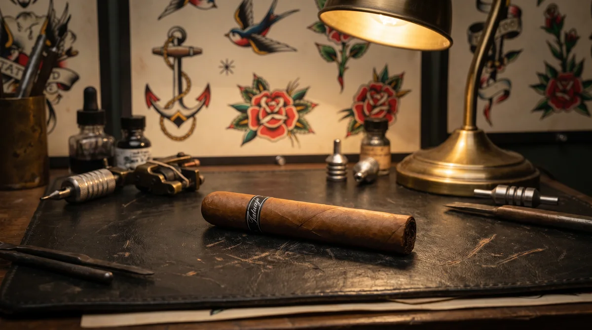 Tatuaje Black Label Gran Toro on a vintage tattoo artist workstation with flash art behind