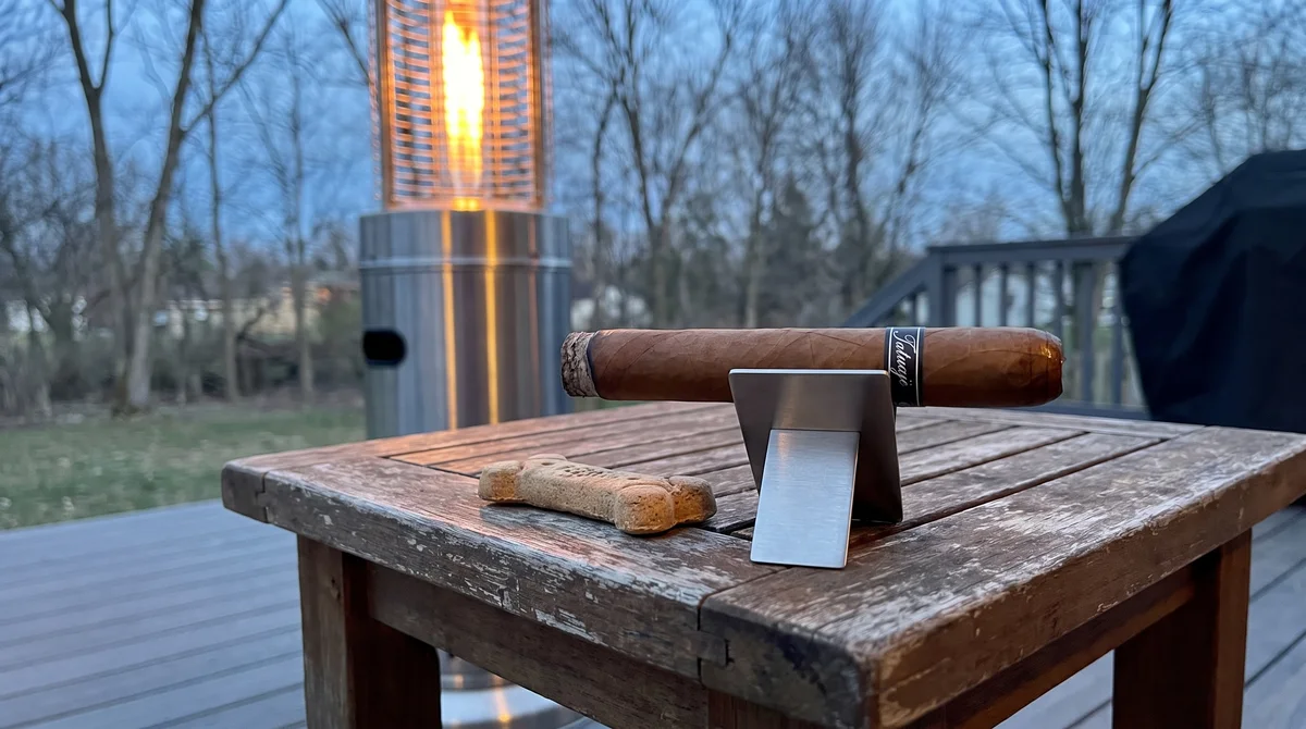 cigar on a stand beside a dog biscuit with a patio heater glowing behind