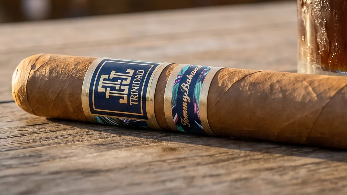 TRINIDAD X TOMMY BAHAMA ISLAND COLLECTION BREEZE TORO 6×54 band close-up: navy square, gold Trinidad monogram, Tommy Bahama script, tropical print