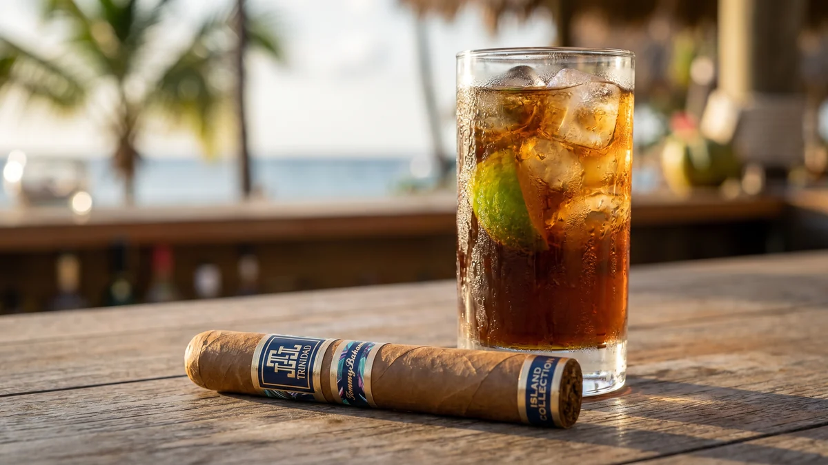 TRINIDAD X TOMMY BAHAMA ISLAND COLLECTION BREEZE TORO 6×54 single cigar beside an island cocktail at a beach bar