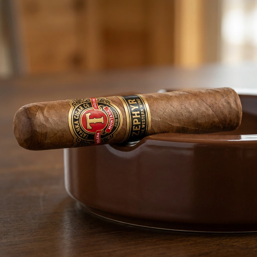 Tatanka Zephyr Gordo resting in a cigar ashtray, unlit