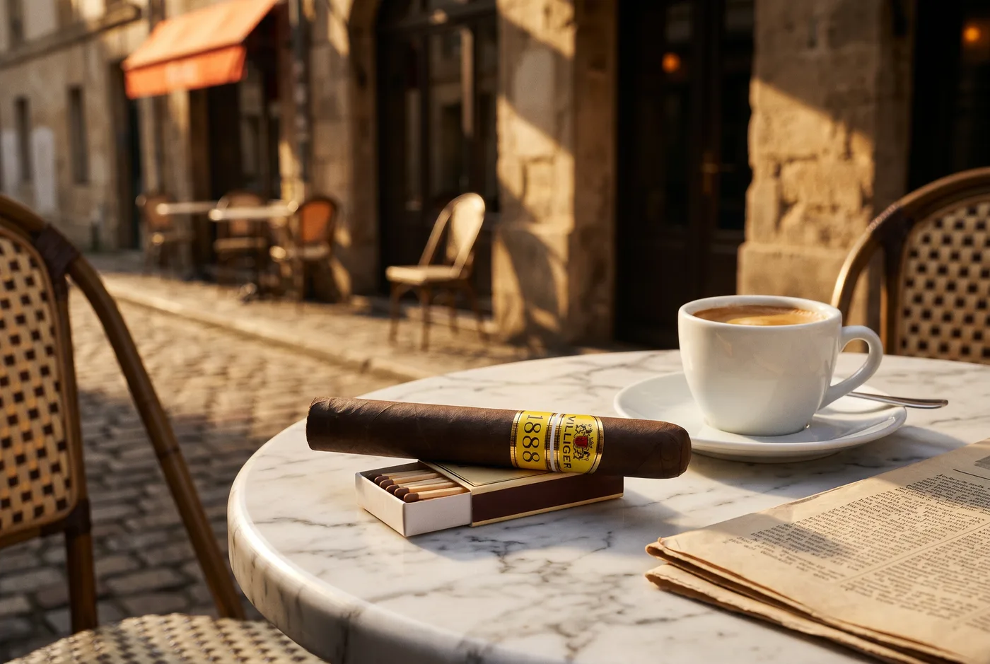 Villiger 1888 San Andrés cigar with an espresso at a European-style café table