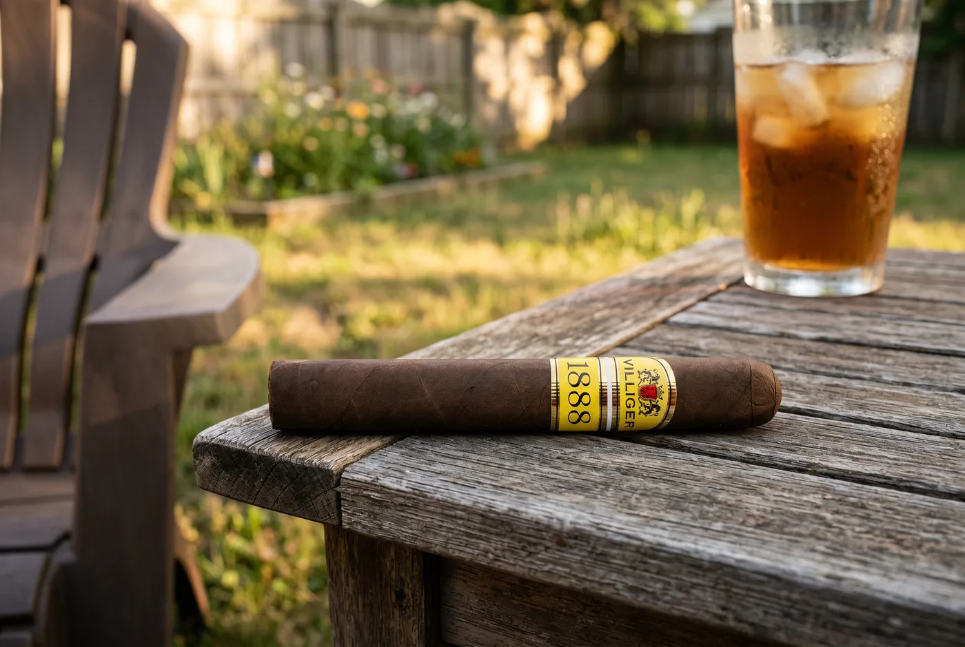 Villiger 1888 San Andrés box-pressed cigar resting on a backyard table