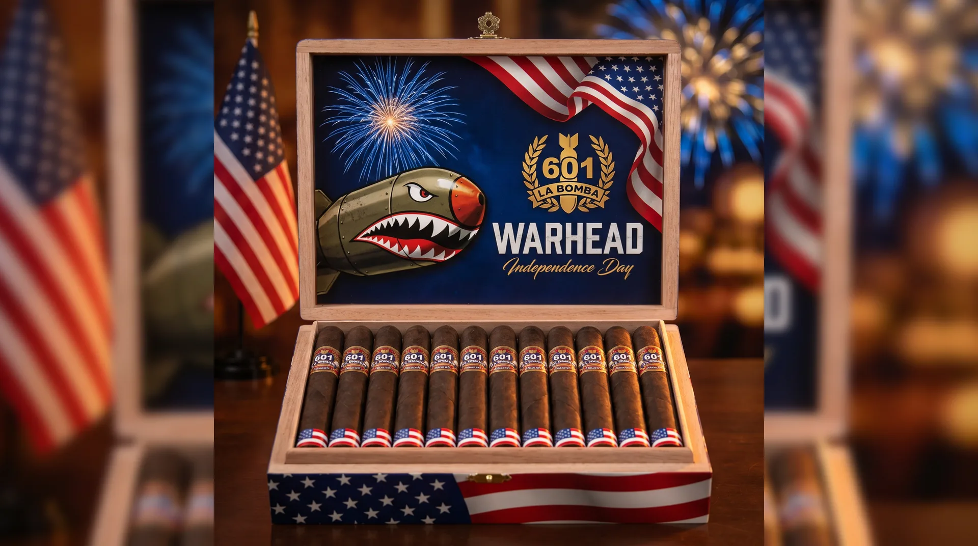 601 La Bomba Warhead Independence Day open box with warhead lid art, flags and fireworks