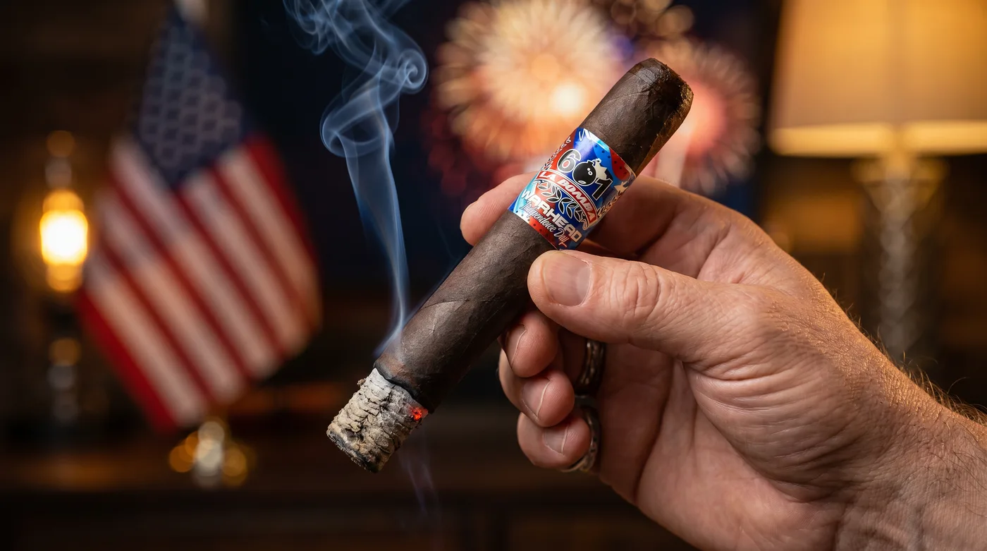 A hand holding a lit 601 La Bomba Warhead Independence Day toro, red white and blue band facing out, fireworks behind