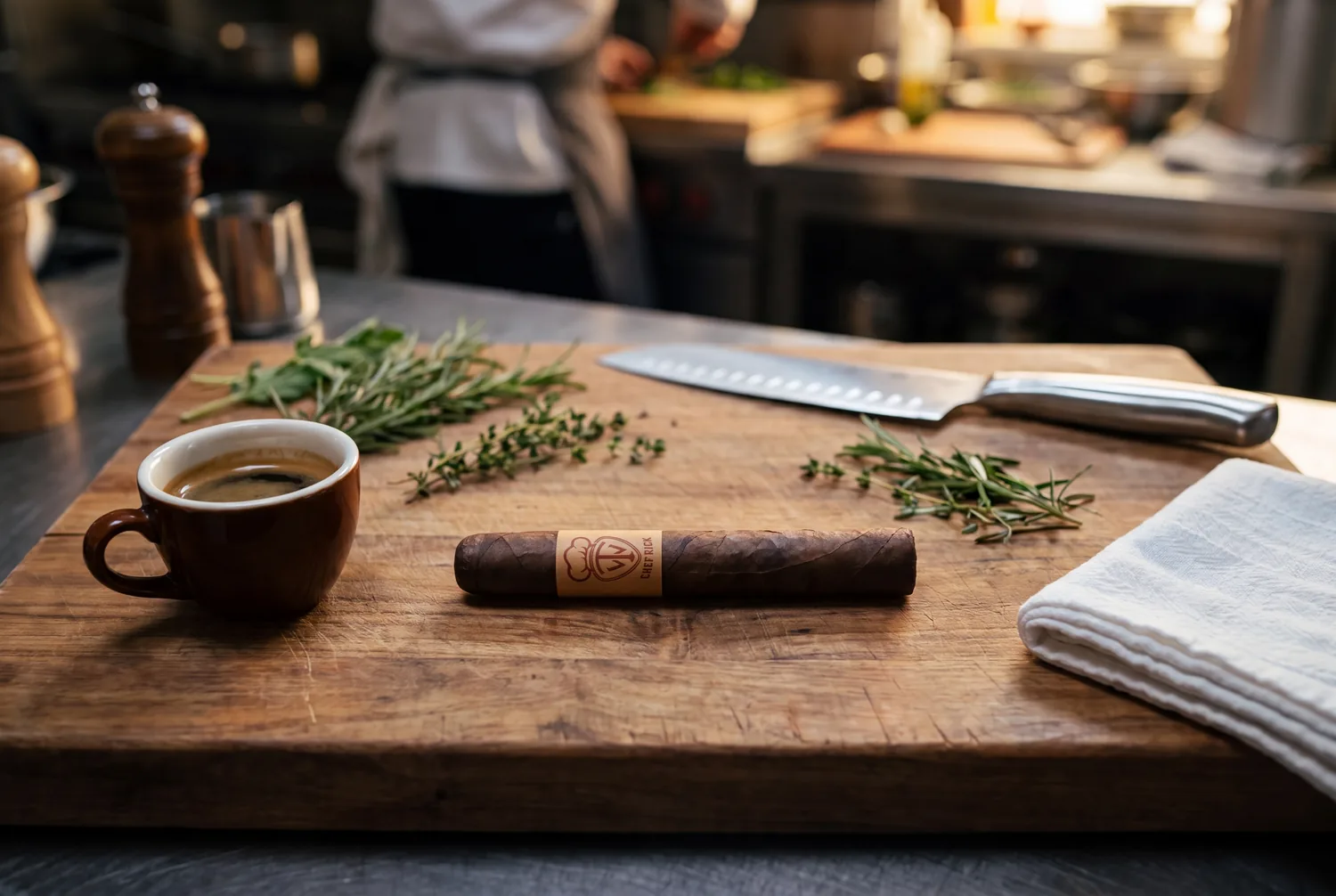 The West Tampa Chef Rick toro on a chef's cutting board with a cup of Cuban cafe cubano, fresh herbs and a clean chef's knife, a nod to West Tampa's Ybor City kitchens