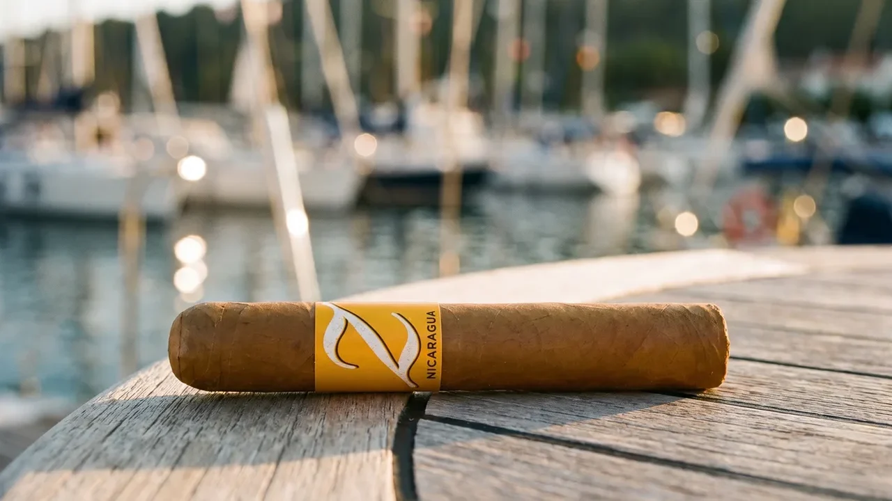 ZINO NICARAGUA TORO 6×50 single cigar resting on a marina dock, marigold band in view