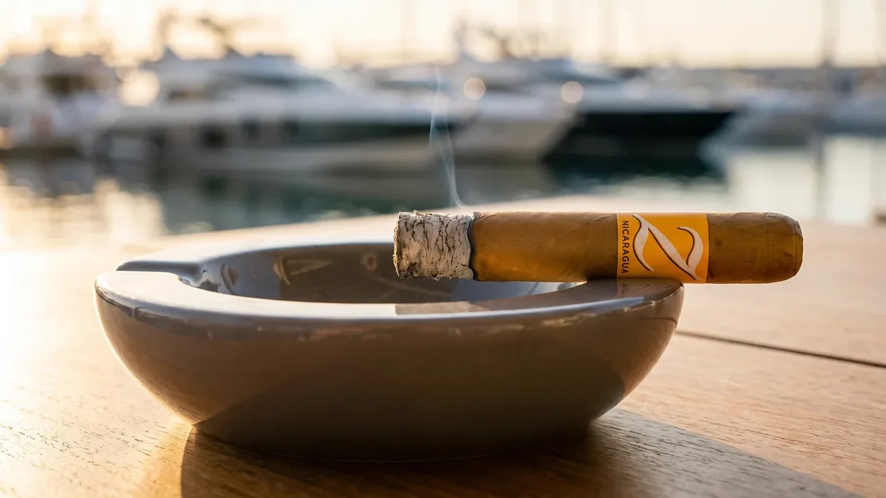 ZINO NICARAGUA TORO 6×50 resting on an ashtray by the marina with a firm grey ash