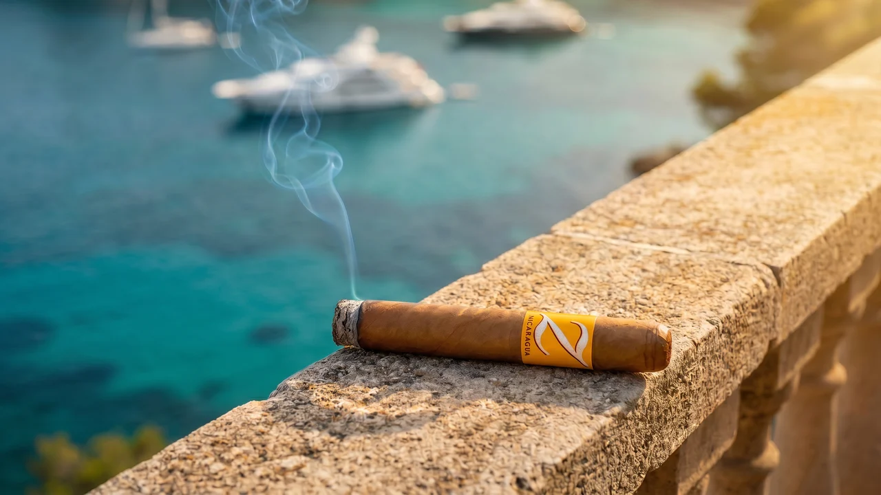 A lit ZINO NICARAGUA TORO resting on a Mediterranean terrace rail at golden hour, the sea below