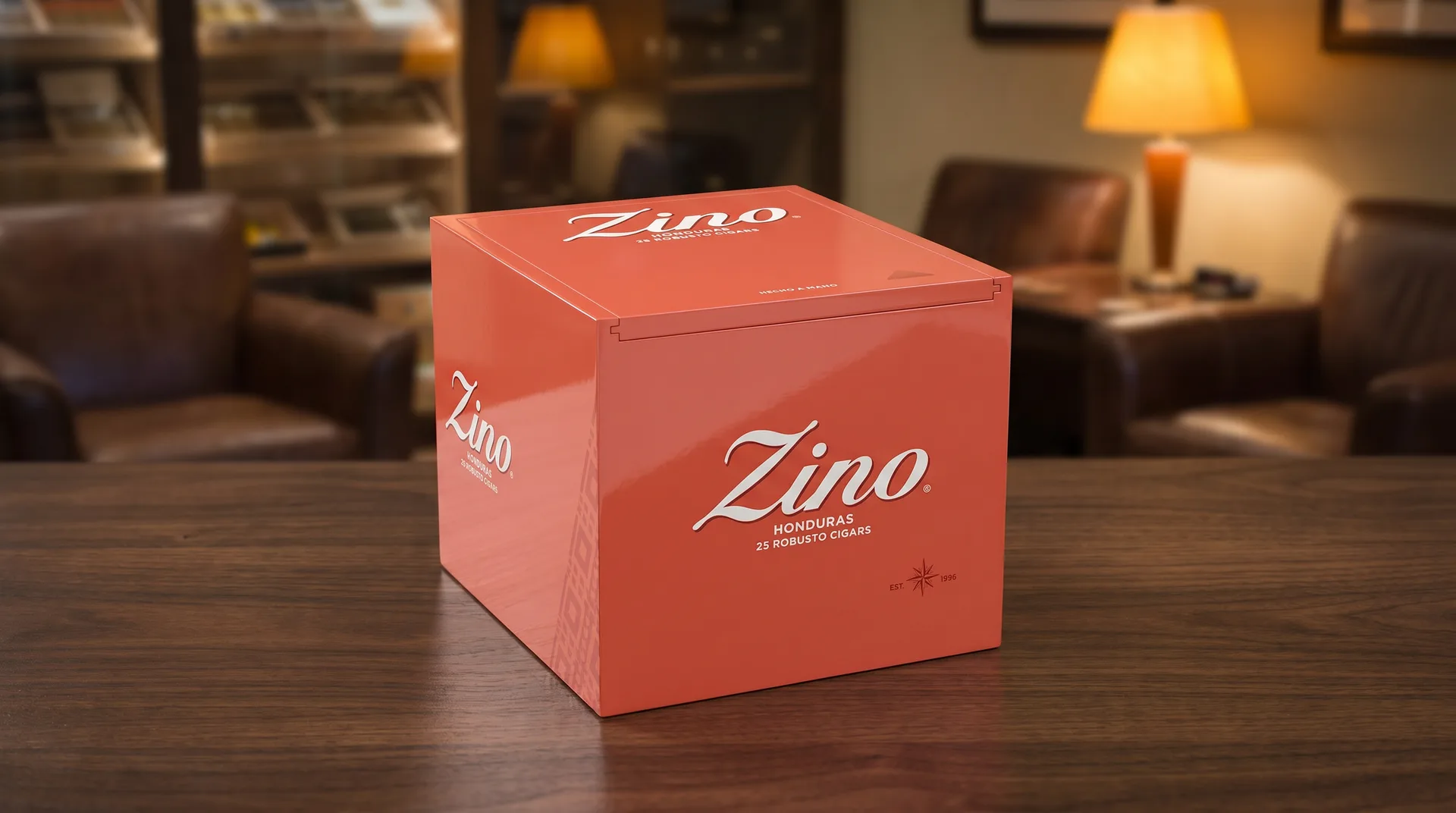 Coral-red Zino Honduras cigar box in a lounge