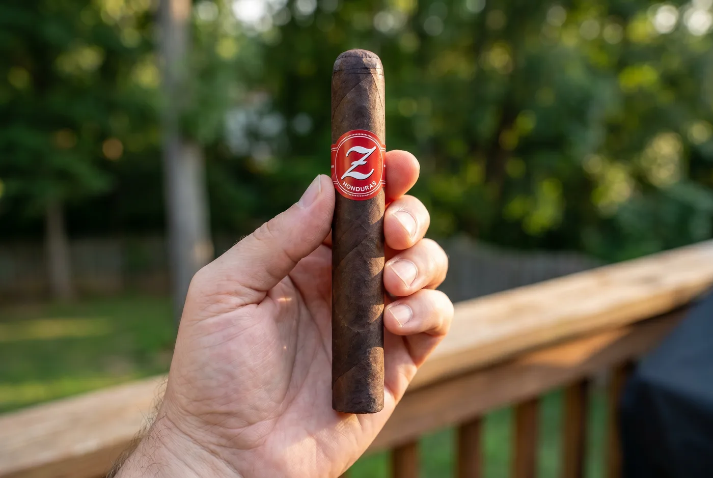 A hand holding a dark Zino Honduras robusto with the red Z band in a backyard