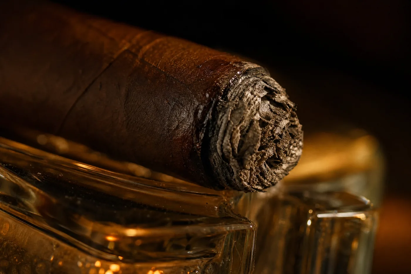 The foot of a partially smoked cigar that is fully out, capped in gray ash with oily buildup behind the ash line