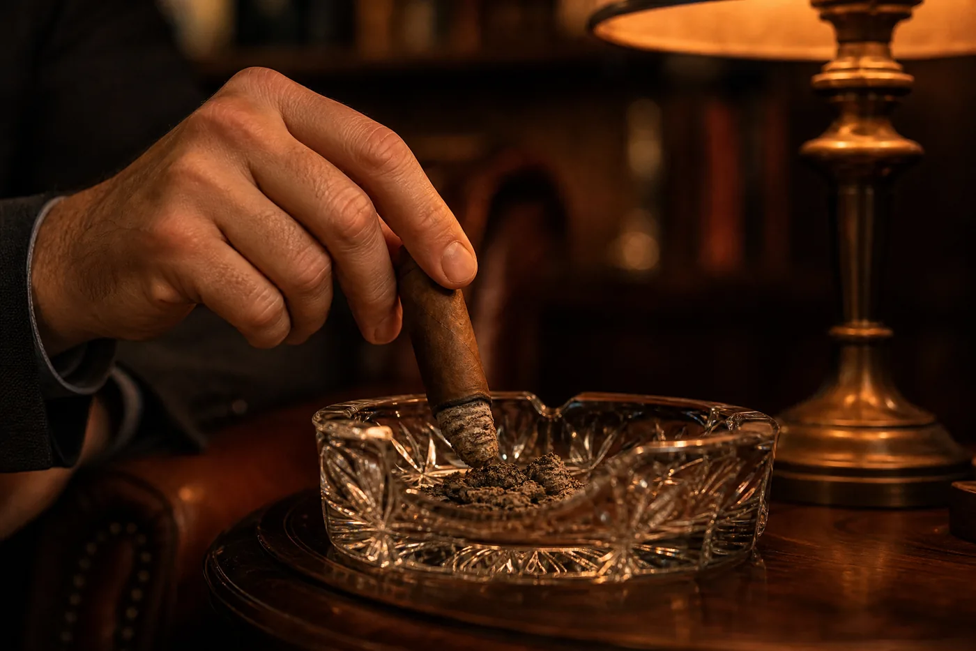 A hand tapping loose cigar ash into a crystal ashtray before purging