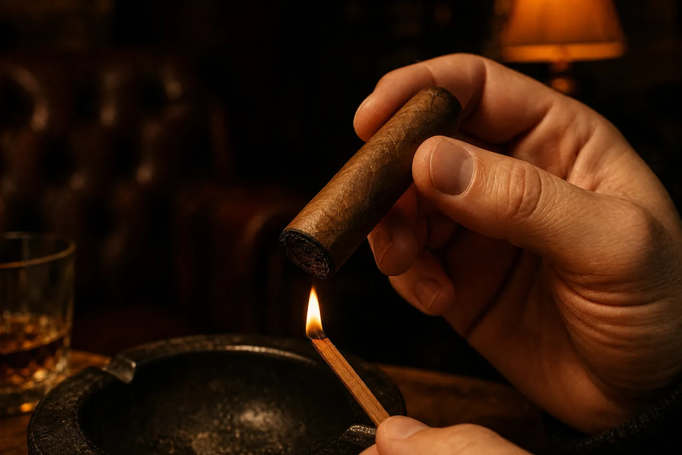 A cedar spill flame held about a centimeter below the foot of a partially smoked cigar during a relight, never touching it