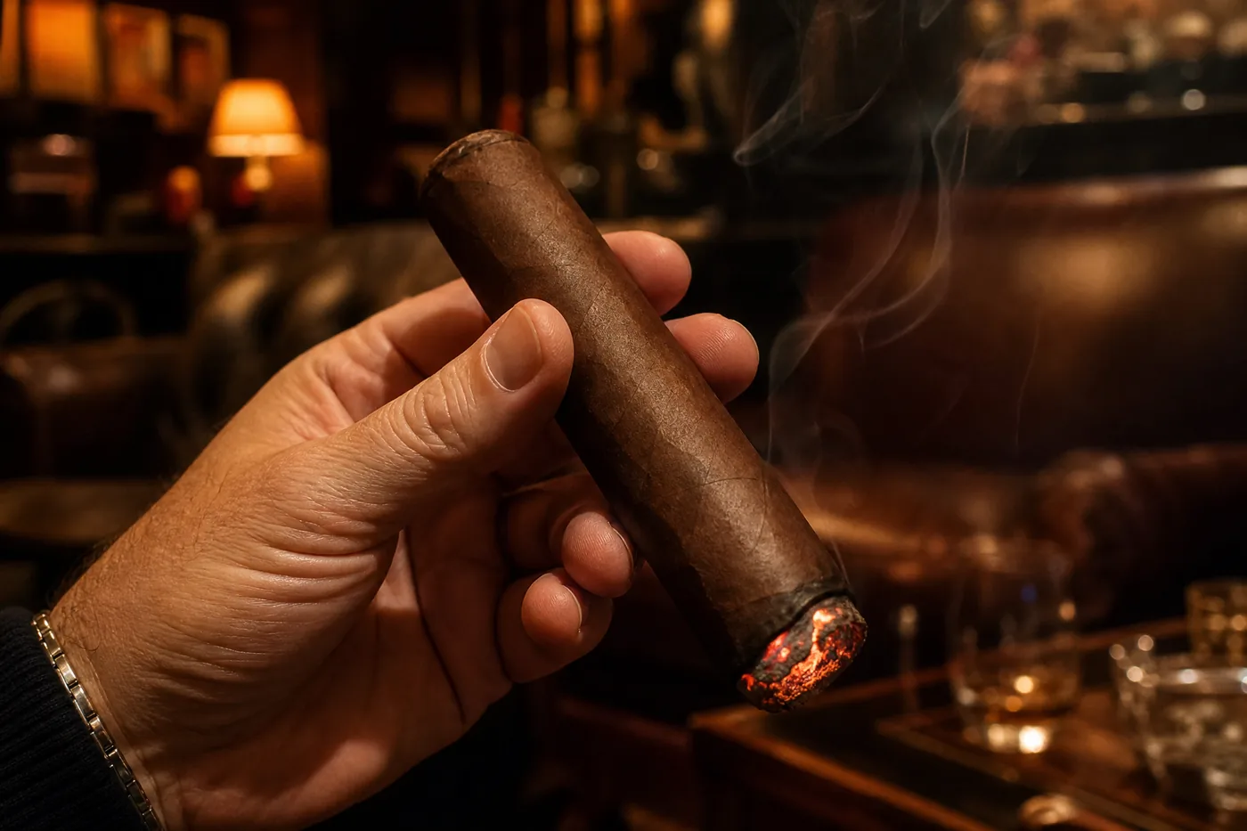 A hand holding a thick lit 60 ring gauge gordo cigar with generous smoke in a warm cigar lounge
