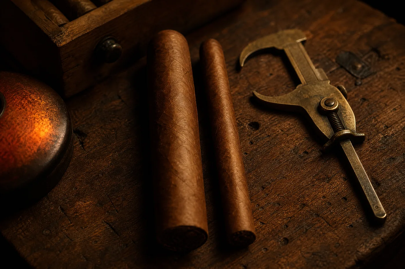 A massive gordo cigar beside a slim corona on cedar with a brass caliper showing the difference in ring gauge